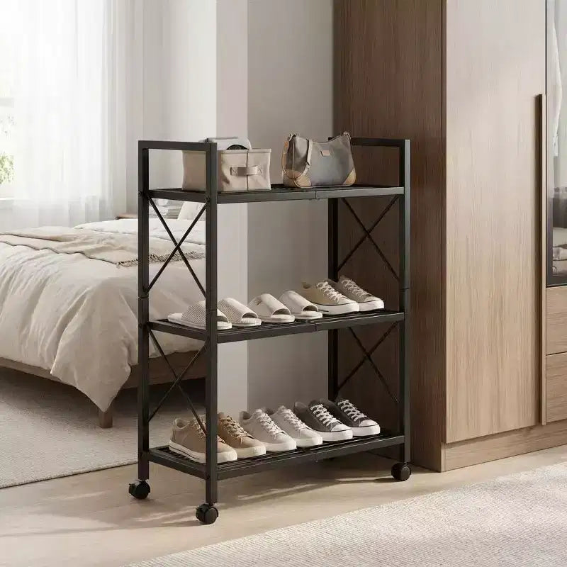 3-Tier Metal Storage Rack with Wheels, 23.6 in Rolling Mesh Shelving Unit for Kitchen Bathroom Entryway, Black