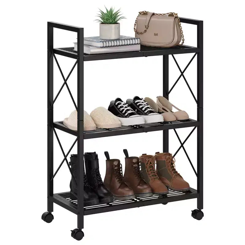 3-Tier Metal Storage Rack with Wheels, 23.6 in Rolling Mesh Shelving Unit for Kitchen Bathroom Entryway, Black