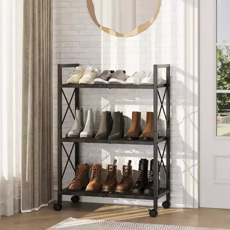 3-Tier Metal Storage Rack with Wheels, 23.6 in Rolling Mesh Shelving Unit for Kitchen Bathroom Entryway, Black