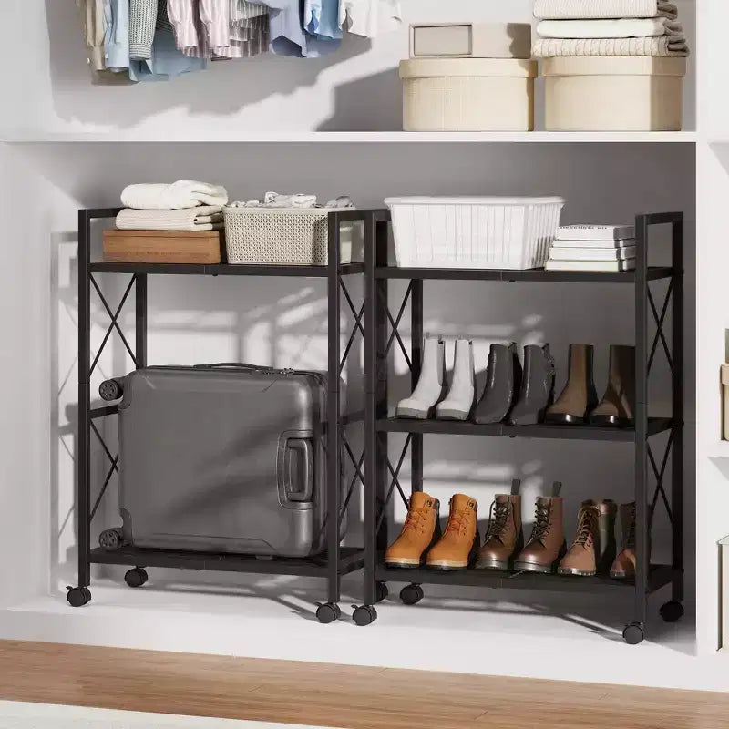 3-Tier Metal Storage Rack with Wheels, 23.6 in Rolling Mesh Shelving Unit for Kitchen Bathroom Entryway, Black