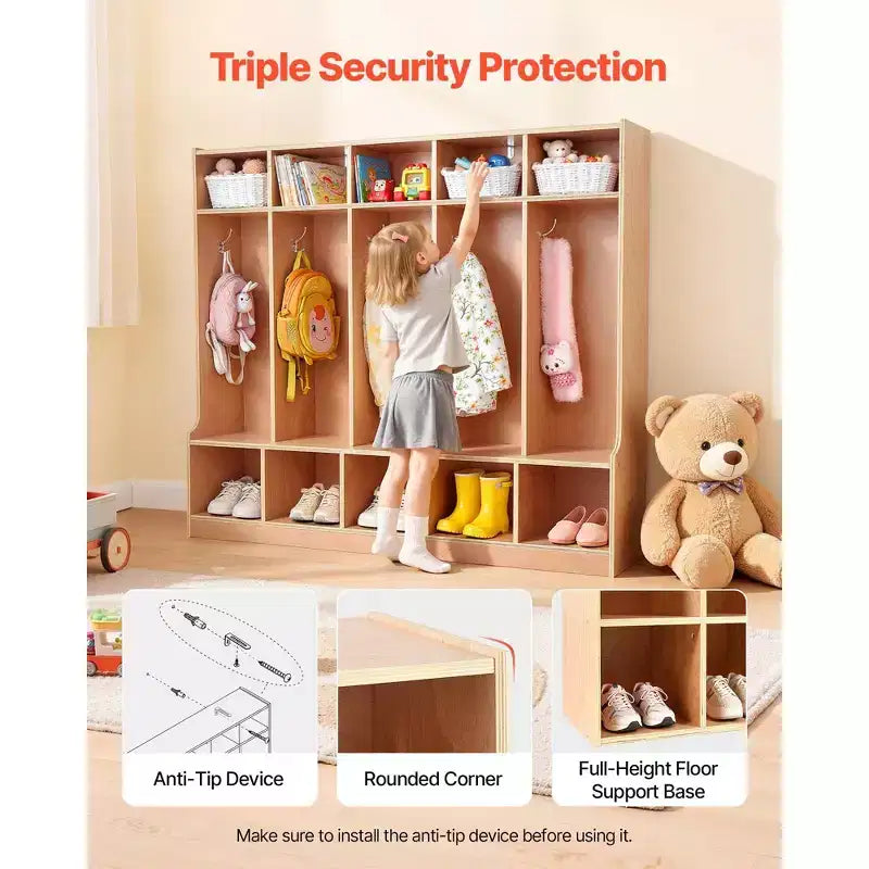 5 Section Kids Coat Locker Wooden Toddler Cubby Storage Organizer with 10 Hooks Non Slip Mat Modern Kid Coat Cubbies