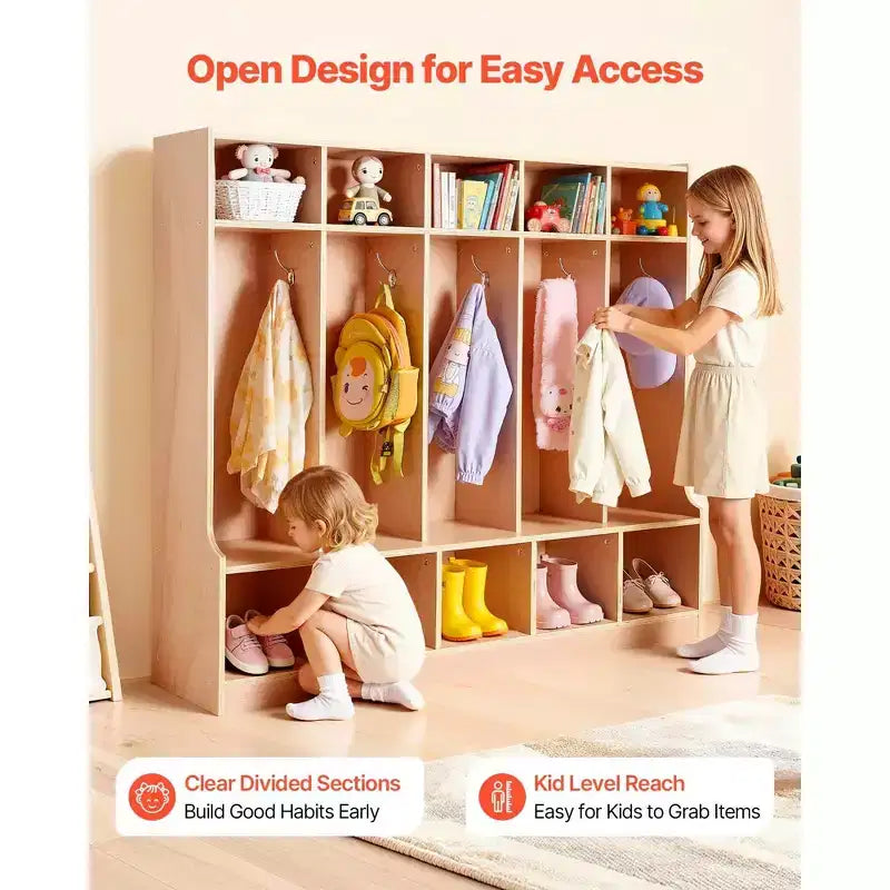 5 Section Kids Coat Locker Wooden Toddler Cubby Storage Organizer with 10 Hooks Non Slip Mat Modern Kid Coat Cubbies