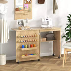 Table de couture pliante Costway avec étagère de rangement au design compact, 2 plateaux et 18 chevilles, naturelle