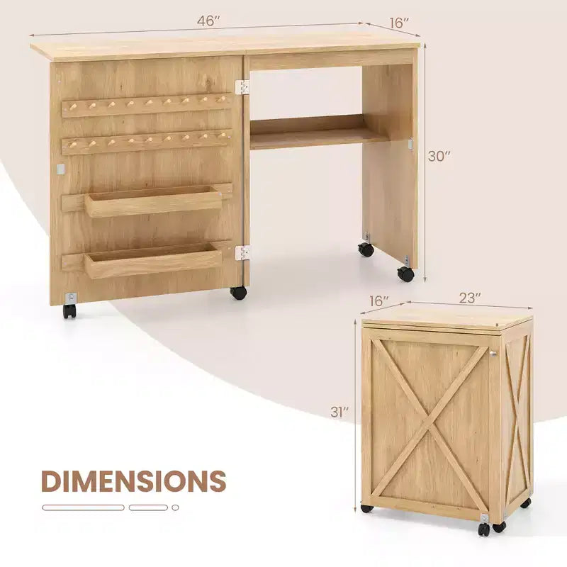 Table de couture pliante Costway avec étagère de rangement au design compact, 2 plateaux et 18 chevilles, naturelle