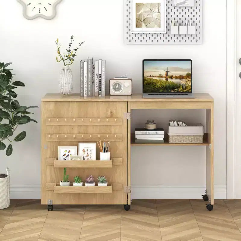 Table de couture pliante Costway avec étagère de rangement au design compact, 2 plateaux et 18 chevilles, naturelle