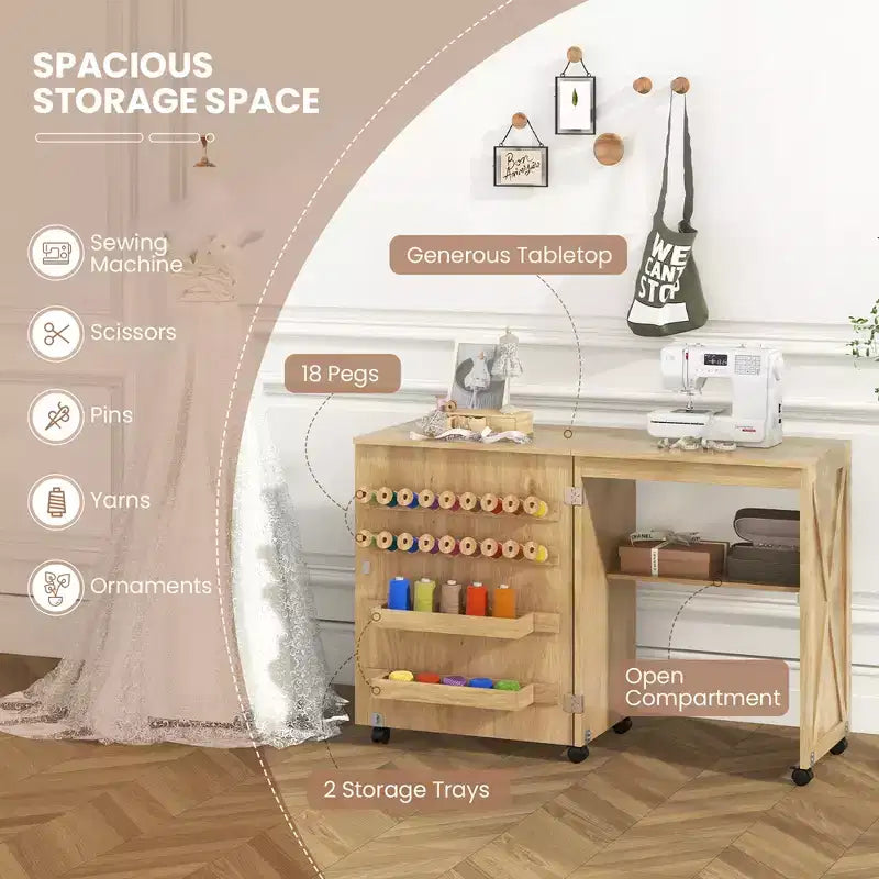 Table de couture pliante Costway avec étagère de rangement au design compact, 2 plateaux et 18 chevilles, naturelle