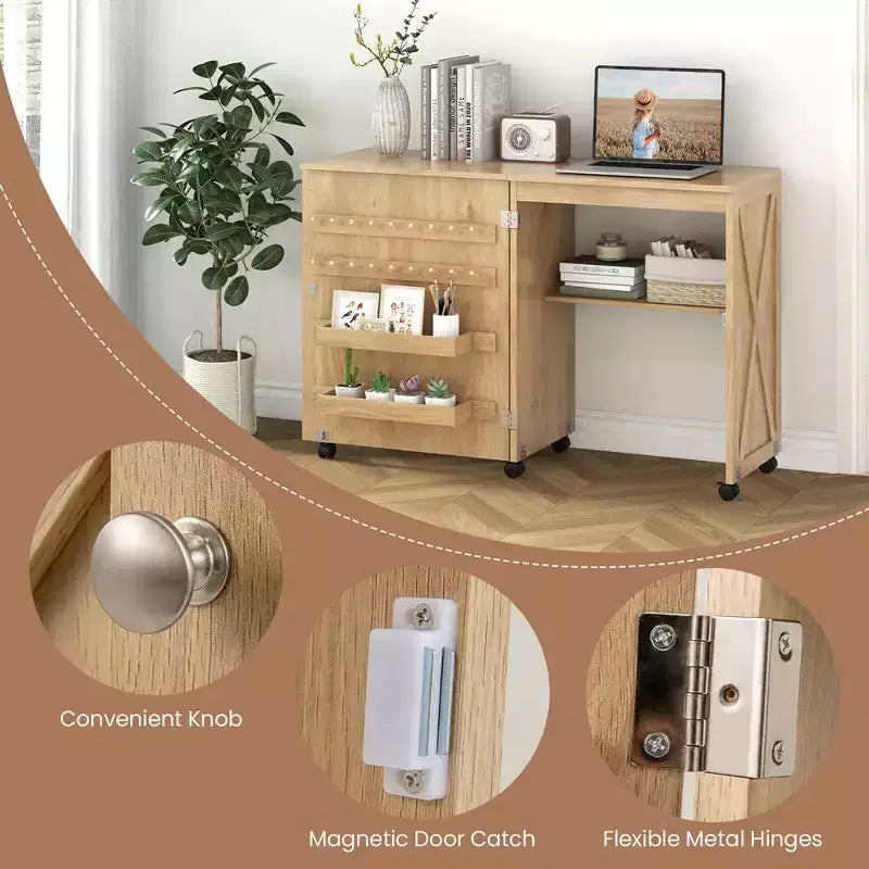 Table de couture pliante Costway avec étagère de rangement au design compact, 2 plateaux et 18 chevilles, naturelle