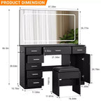 Modern Vanity Desk with Large Mirror, 7 Drawers, LED Lights, Chair, 3 Light Modes, Hair Dryer Holder and Charging Station for Bedroom