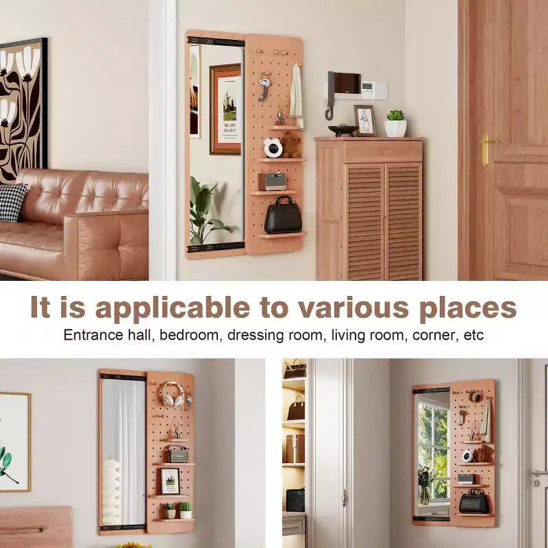 Modern Wall Mounted Full Length Mirror with Shelf & Hooks, Multifunctional Full Body Mirror for Bedroom, Living Room, or Entryway-Panipeachy