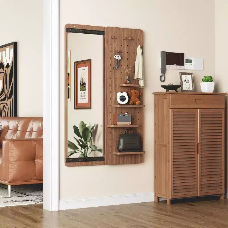 Modern Wall Mounted Full Length Mirror with Shelf & Hooks, Multifunctional Full Body Mirror for Bedroom, Living Room, or Entryway-Panipeachy