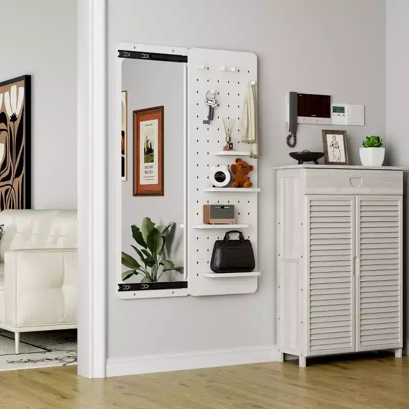 Modern Wall Mounted Full Length Mirror with Shelf & Hooks, Multifunctional Full Body Mirror for Bedroom, Living Room, or Entryway-Panipeachy