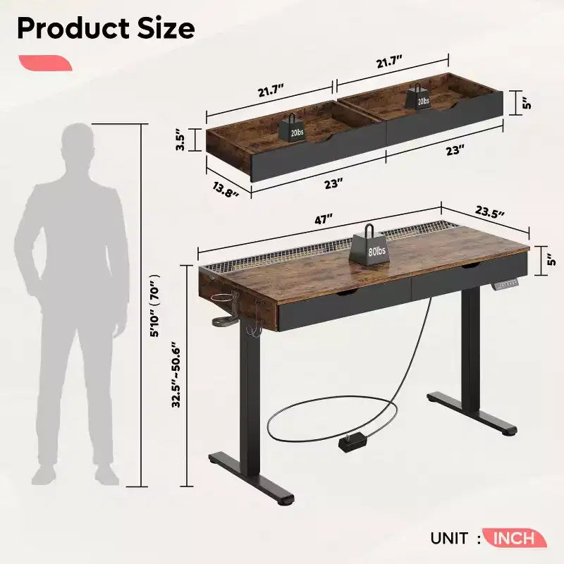 Bestier 47 Inch Electric Standing Desk with 2 Drawers & LED Light for Home Office, Height Adjustable Computer Desk, Gaming Table with USB Charging