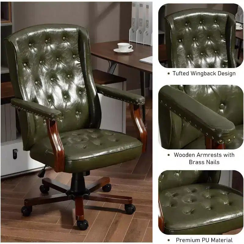 Ergonomic Desk Chair, Faux Leather Executive Chair, Vintage Wing Back Swivel Work Chair, Classic Computer Chair for Home, Office and Living Room