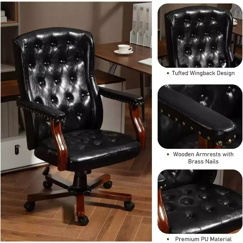 Ergonomic Desk Chair, Faux Leather Executive Chair, Vintage Wing Back Swivel Work Chair, Classic Computer Chair for Home, Office and Living Room