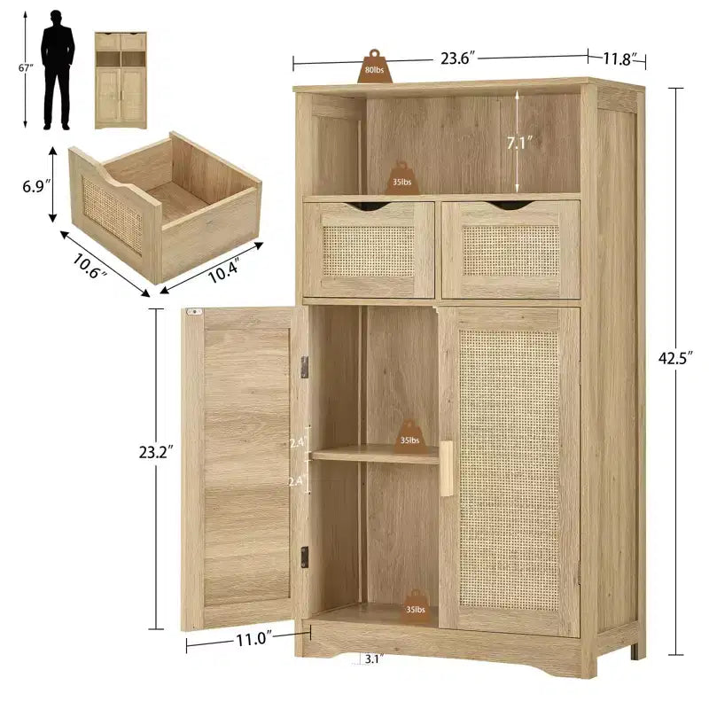 Dcolora Rattan Storage Cabinet with 2 Drawers & Adjustable Shelves for Kitchen/Home