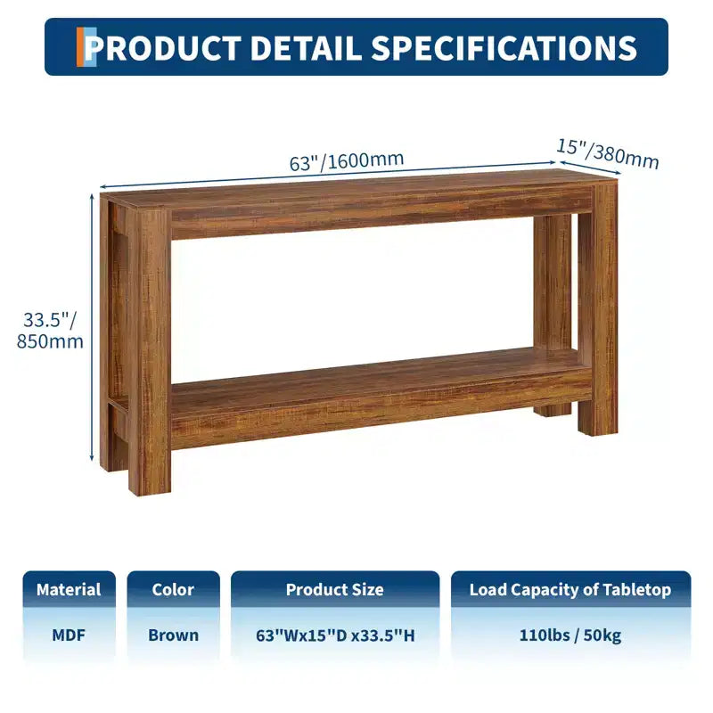 COZONY 63 Console avec Rangement, Table Console Étroite Derrière le Canapé, Table d'Entrée Ferme à 2 Niveaux pour Salon et Couloir