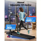 Tapis de marche inclinable à 15% avec barre de maintien - Tapis de course pliable silencieux de 2,5 CV pour la maison ou le bureau, sous le bureau, tapis de marche portable avec capacité de 100 kg