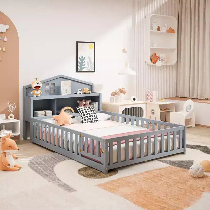 Full Size Montessori Floor Bed with Bookcases, Blackboards and Storage Headboard, Grey