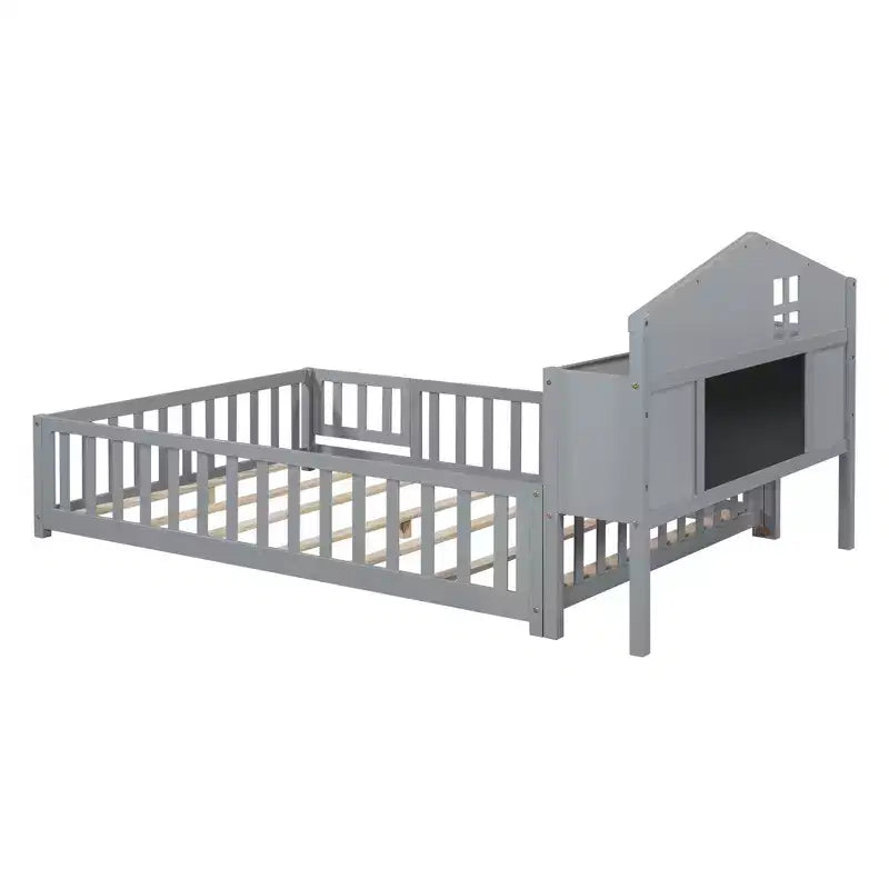 Full Size Montessori Floor Bed with Bookcases, Blackboards and Storage Headboard, Grey