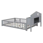 Full Size Montessori Floor Bed with Bookcases, Blackboards and Storage Headboard, Grey