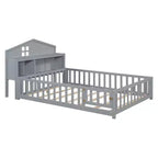 Full Size Montessori Floor Bed with Bookcases, Blackboards and Storage Headboard, Grey
