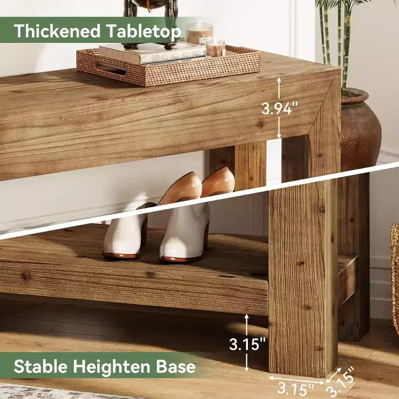 Lantine 47.24 Banc d'entrée en bois massif avec étagères ouvertes, banc à chaussures rustique étroit en bois pour couloir, salon, chambre, marron rustique