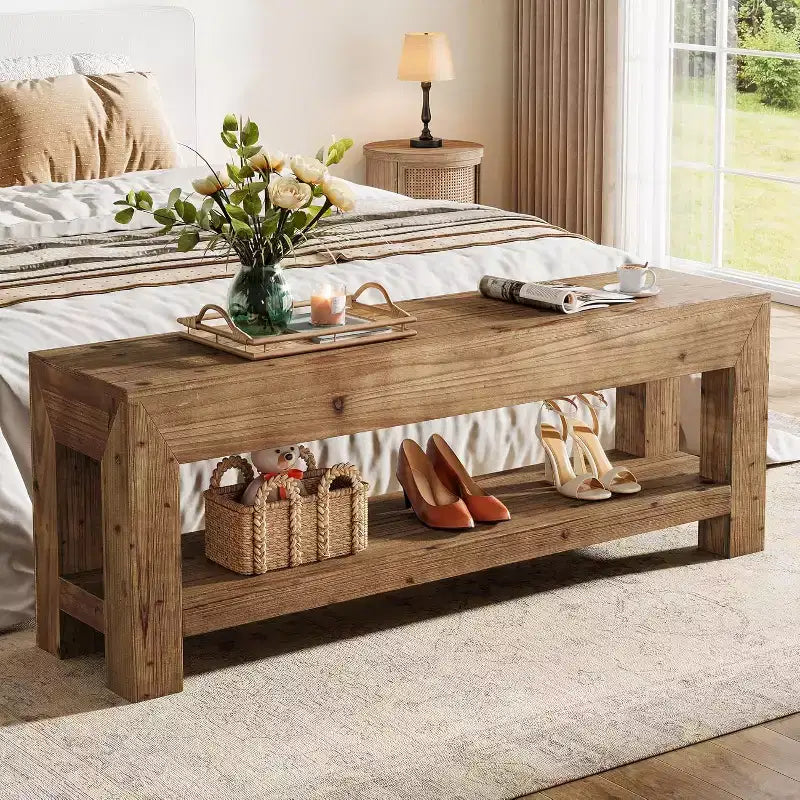 Lantine 47.24 Banc d'entrée en bois massif avec étagères ouvertes, banc à chaussures rustique étroit en bois pour couloir, salon, chambre, marron rustique