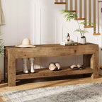 Lantine 47.24 Banc d'entrée en bois massif avec étagères ouvertes, banc à chaussures rustique étroit en bois pour couloir, salon, chambre, marron rustique