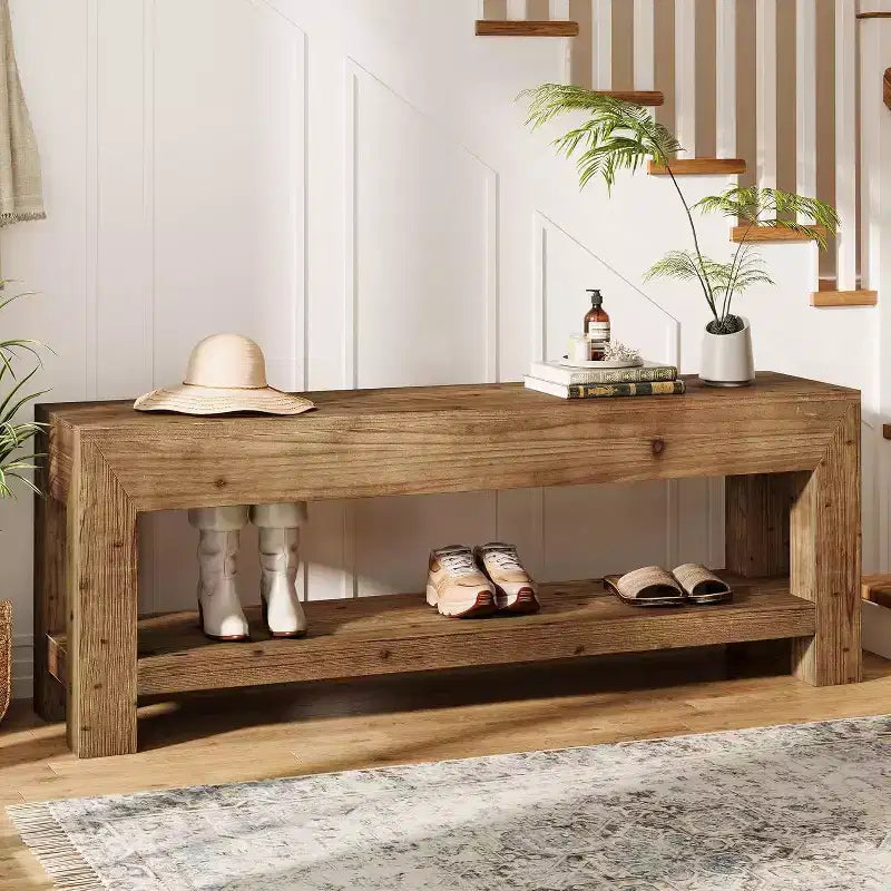 Lantine 47.24 Banc d'entrée en bois massif avec étagères ouvertes, banc à chaussures rustique étroit en bois pour couloir, salon, chambre, marron rustique