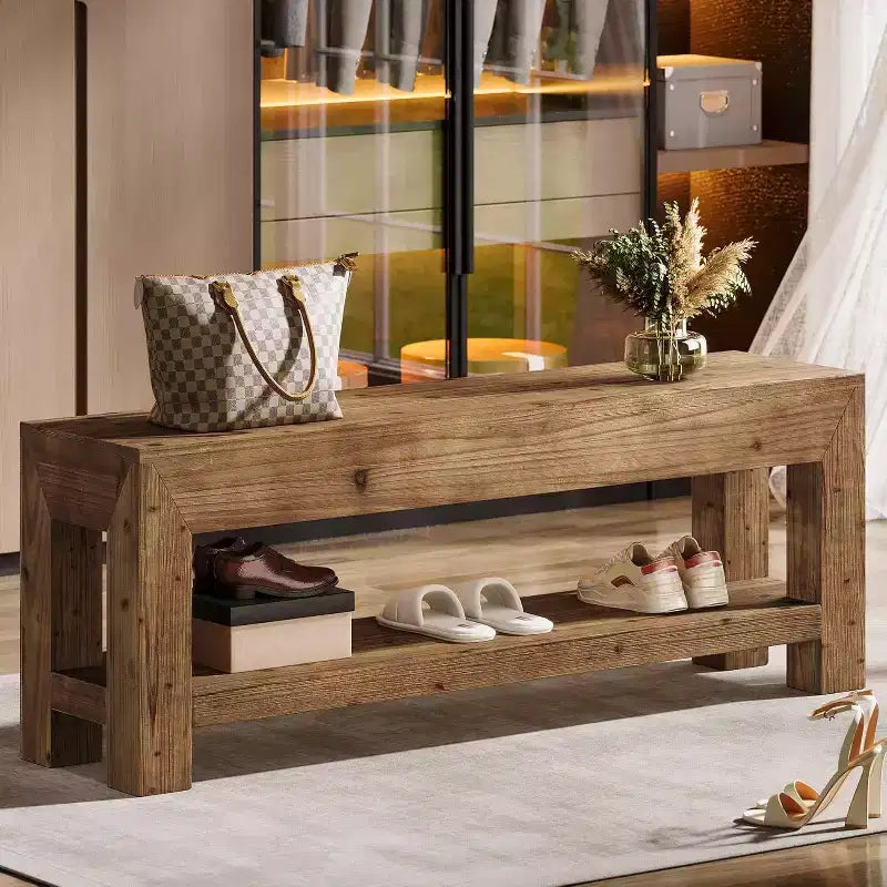 Lantine 47.24 Banc d'entrée en bois massif avec étagères ouvertes, banc à chaussures rustique étroit en bois pour couloir, salon, chambre, marron rustique
