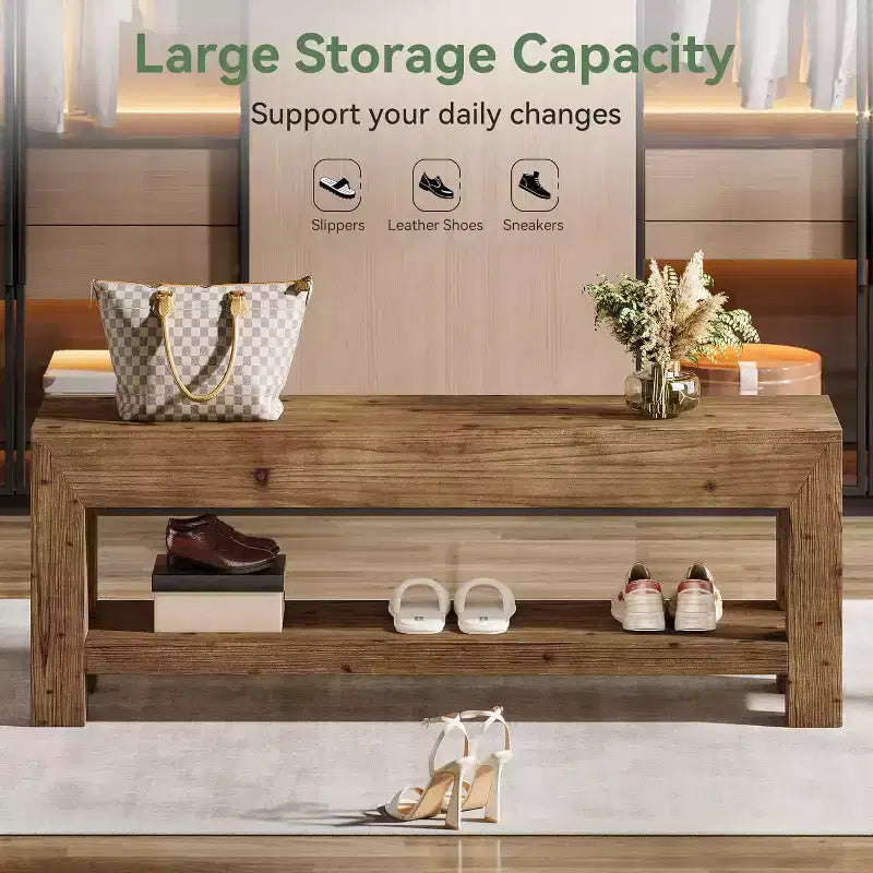 Lantine 47.24 Banc d'entrée en bois massif avec étagères ouvertes, banc à chaussures rustique étroit en bois pour couloir, salon, chambre, marron rustique