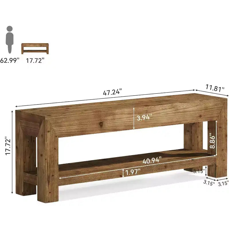 Lantine 47.24 Banc d'entrée en bois massif avec étagères ouvertes, banc à chaussures rustique étroit en bois pour couloir, salon, chambre, marron rustique