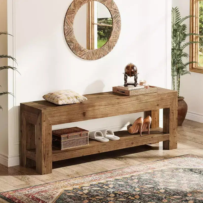Lantine 47.24 Banc d'entrée en bois massif avec étagères ouvertes, banc à chaussures rustique étroit en bois pour couloir, salon, chambre, marron rustique