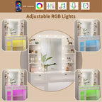Coiffeuse Dyonery avec miroir, lumières LED et prise de courant, meuble de maquillage avec 2 tiroirs et 6 étagères de rangement pour chambre à coucher