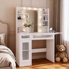 Coiffeuse Dyonery avec miroir, lumières LED et prise de courant, meuble de maquillage avec 2 tiroirs et 6 étagères de rangement pour chambre à coucher