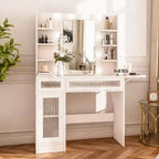 Coiffeuse Dyonery avec miroir, lumières LED et prise de courant, meuble de maquillage avec 2 tiroirs et 6 étagères de rangement pour chambre à coucher