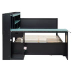 Lit de repos de jeu Full/Queen avec tête de lit bibliothèque, cadre de lit à LED avec bureau intégré, tiroirs et station de charge - ModernLuxe