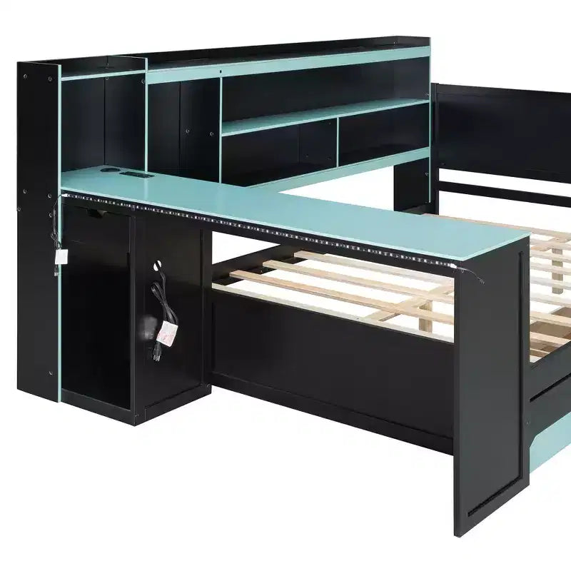 Lit de repos de jeu Full/Queen avec tête de lit bibliothèque, cadre de lit à LED avec bureau intégré, tiroirs et station de charge - ModernLuxe