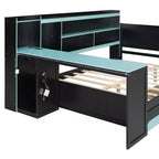 Lit de repos de jeu Full/Queen avec tête de lit bibliothèque, cadre de lit à LED avec bureau intégré, tiroirs et station de charge - ModernLuxe