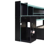Lit de repos de jeu Full/Queen avec tête de lit bibliothèque, cadre de lit à LED avec bureau intégré, tiroirs et station de charge - ModernLuxe