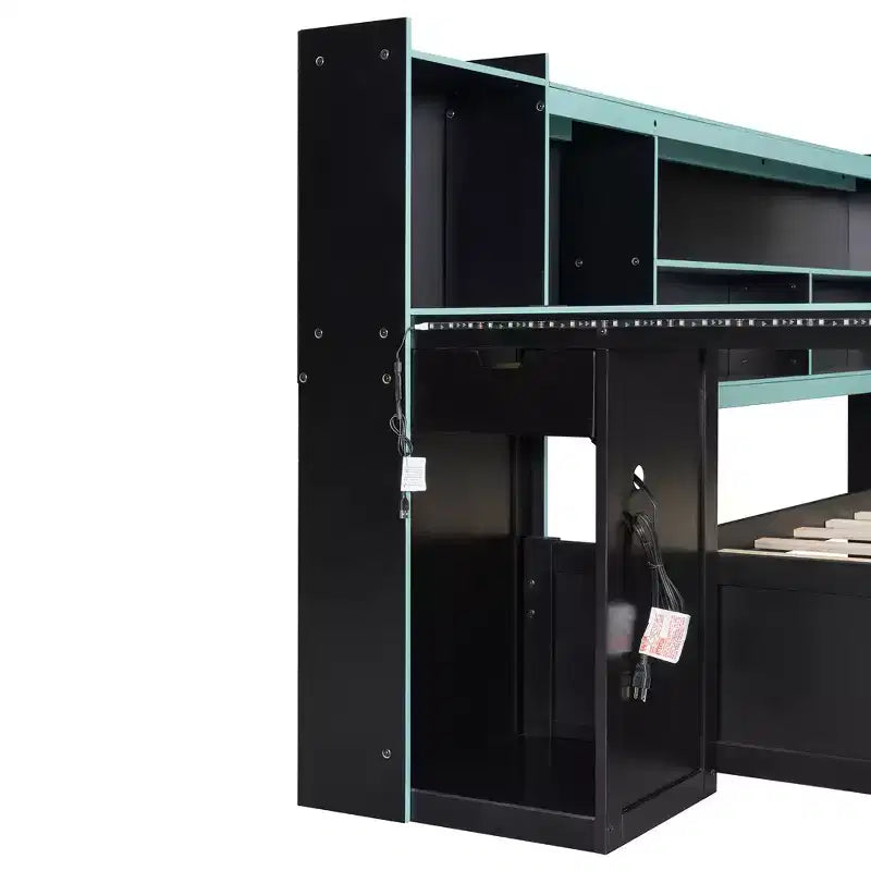 Lit de repos de jeu Full/Queen avec tête de lit bibliothèque, cadre de lit à LED avec bureau intégré, tiroirs et station de charge - ModernLuxe