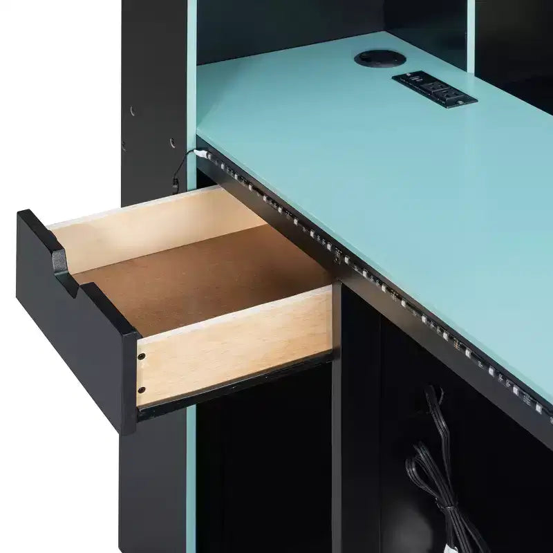 Lit de repos de jeu Full/Queen avec tête de lit bibliothèque, cadre de lit à LED avec bureau intégré, tiroirs et station de charge - ModernLuxe