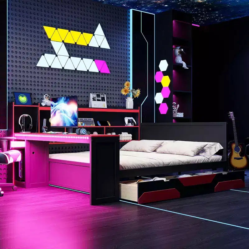 Lit de repos de jeu Full/Queen avec tête de lit bibliothèque, cadre de lit à LED avec bureau intégré, tiroirs et station de charge - ModernLuxe
