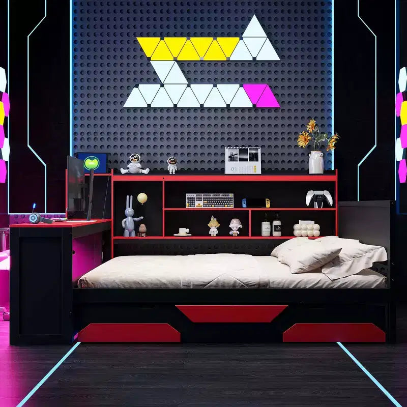 Lit de repos de jeu Full/Queen avec tête de lit bibliothèque, cadre de lit à LED avec bureau intégré, tiroirs et station de charge - ModernLuxe