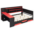 Lit de repos de jeu Full/Queen avec tête de lit bibliothèque, cadre de lit à LED avec bureau intégré, tiroirs et station de charge - ModernLuxe
