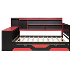 Lit de repos de jeu Full/Queen avec tête de lit bibliothèque, cadre de lit à LED avec bureau intégré, tiroirs et station de charge - ModernLuxe