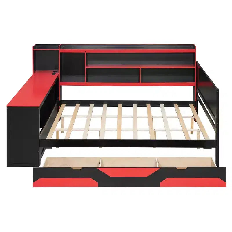 Lit de repos de jeu Full/Queen avec tête de lit bibliothèque, cadre de lit à LED avec bureau intégré, tiroirs et station de charge - ModernLuxe