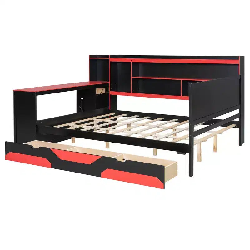 Lit de repos de jeu Full/Queen avec tête de lit bibliothèque, cadre de lit à LED avec bureau intégré, tiroirs et station de charge - ModernLuxe