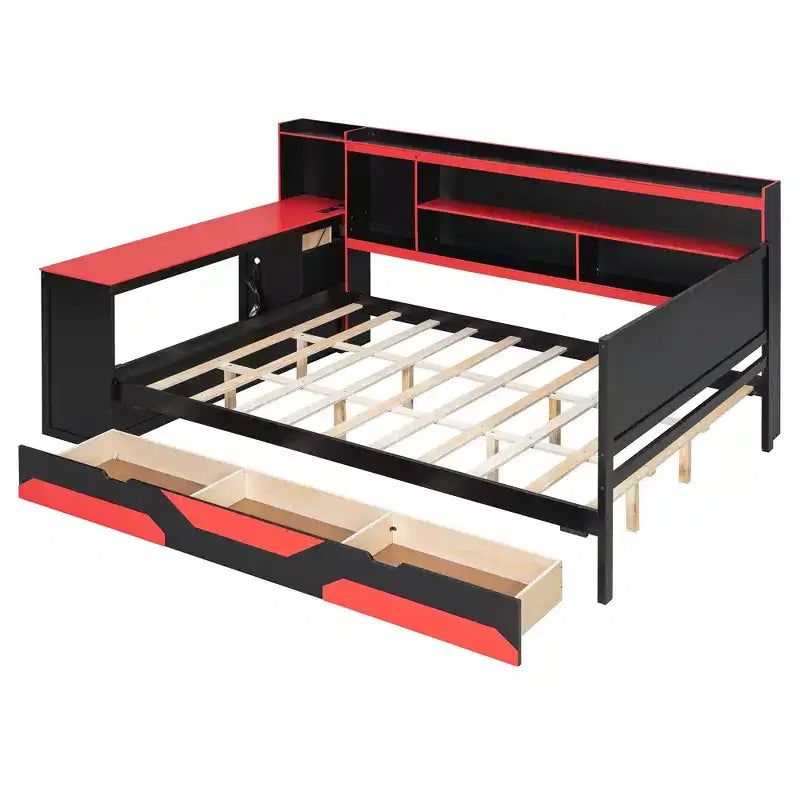 Lit de repos de jeu Full/Queen avec tête de lit bibliothèque, cadre de lit à LED avec bureau intégré, tiroirs et station de charge - ModernLuxe