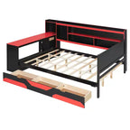 Lit de repos de jeu Full/Queen avec tête de lit bibliothèque, cadre de lit à LED avec bureau intégré, tiroirs et station de charge - ModernLuxe
